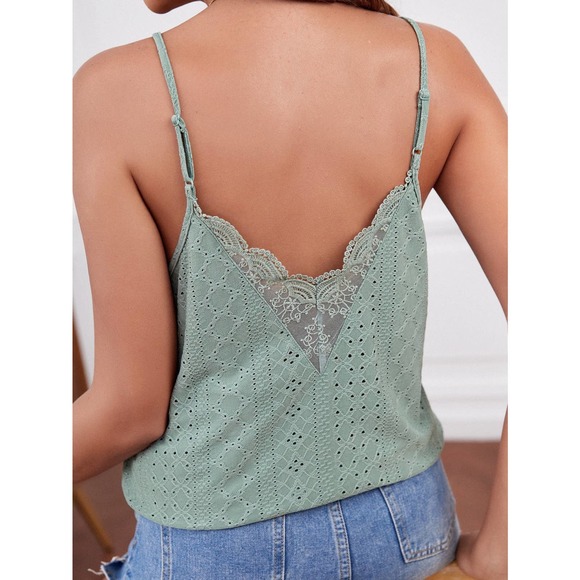 boho Eyelet Embroidery Contrast Guipure Lace Scallop Trim Cami tank Top white - Picture 5 of 11